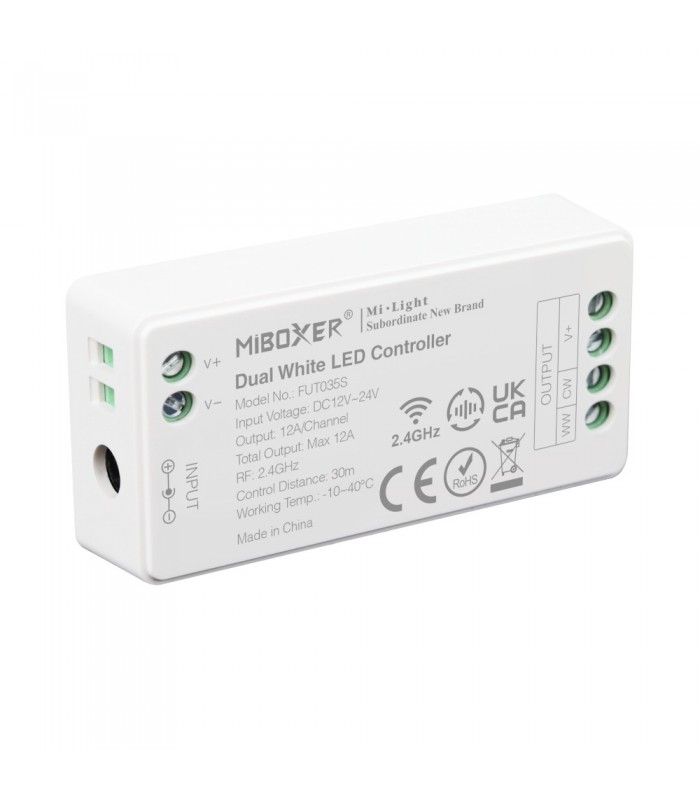 MiBoxer 2.4GHz dual white LED controller FUT035S with input/output terminals.