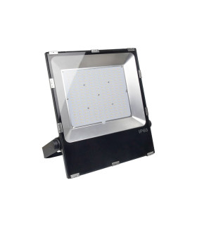 Angled front view of MiBoxer 200W RGB+CCT LED floodlight with a wide-angle lens.