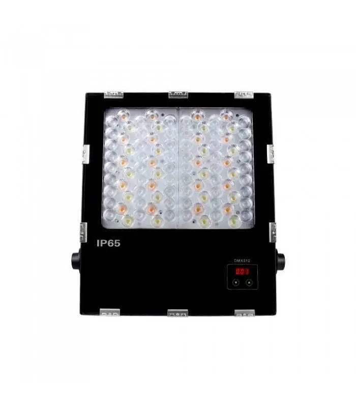 Close-up front view of MiBoxer 100W RGB+CCT LED garden light displaying LED chips and power indicator