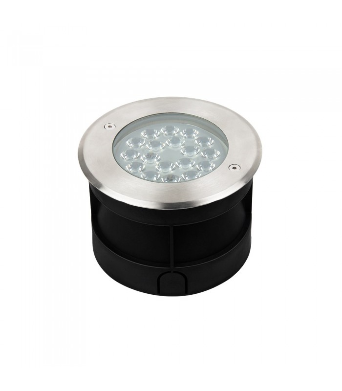 Close-up of MiBoxer 9W RGB+CCT LED underground light SYS-RD2 in black aluminium housing.