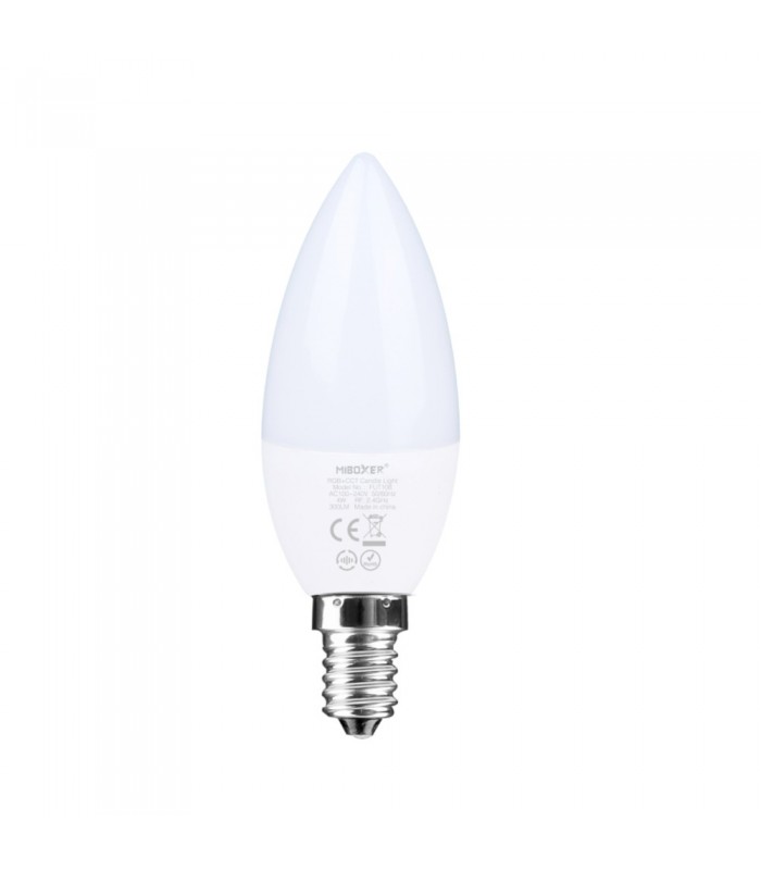 Upright view of the MiBoxer 4W dual white LED candle bulb with visible E14 base.