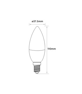 Diagram of a candle-style LED lightbulb with detailed dimensions.