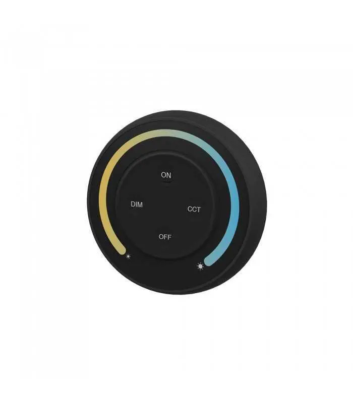 Sunrise remote controller in black, featuring a clean and modern design with controls for brightness and colour temperature.