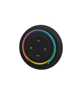 MiBoxer black RGB+CCT remote control with a sleek circular design featuring dimming and brightness controls.