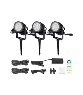 Complete MiBoxer 6W RGB+CCT garden light set, ready for installation, including remote control and accessories.