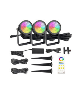 MiBoxer 6W RGB+CCT garden light set with three lights, power cables, and ground spikes included.