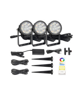 MiBoxer 6W RGB+CCT garden light set with three lights, showing the full kit with included remote control.