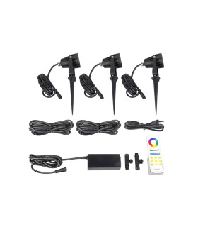 Complete MiBoxer 6W RGB+CCT garden light set, ready for installation, including remote control and accessories.