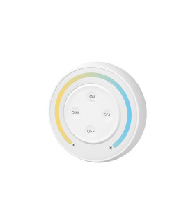 MiBoxer dual white LED controller FUT035SA remote alongside controller, displaying the controller's design