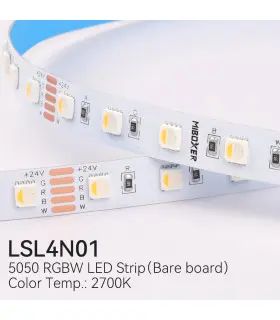 MiBoxer 5050 RGBW LED strip (bare board) with technical specifications.