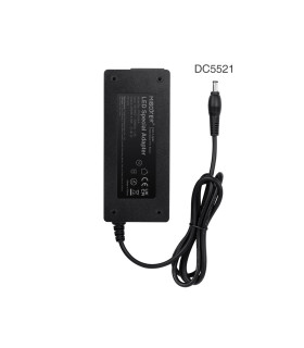 A black rectangular 24V DC power adapter showing detailed product specifications and input/output ports.