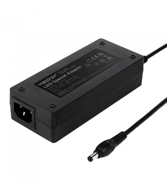 A black LED power adapter with a connected cable, positioned to show both the adapter’s shape and cable length.