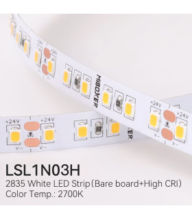 Close-up of MiBoxer 2835 LED strip, showcasing high-quality 2835 SMD chips on a white PCB substrate.