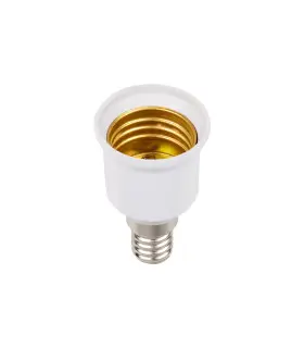 E14 to E27 lamp socket adapter with white plastic exterior and metal components for converting light bulb fittings.