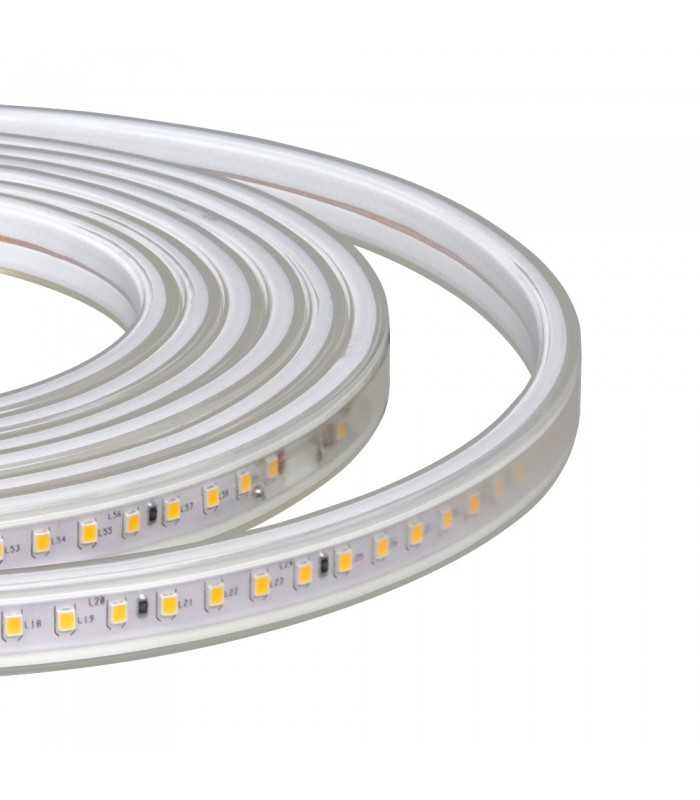 Close-up of MiBoxer 2835 High Voltage LED Strip, 2700K, showing multiple LED chips in a transparent protective tube.