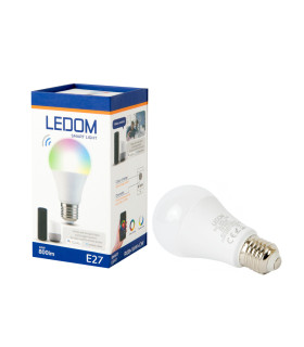 LEDOM E27 Smart LED Bulb A60 10W displayed alongside its packaging box with product features.