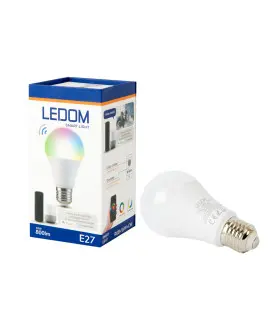 LEDOM E27 Smart LED Bulb A60 10W with its packaging, highlighting key features like RGB+CCT functionality.