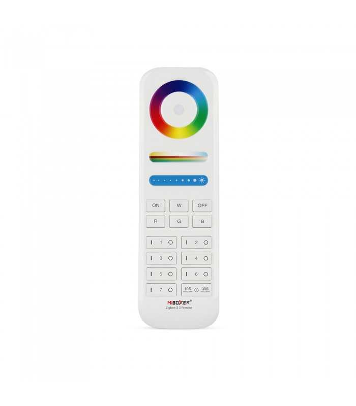 Front view of the MiBoxer RGB+CCT remote control FUT089Z showing the touch slider, buttons, and colour dial.