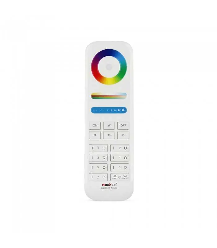 Front view of the MiBoxer RGB+CCT remote control FUT089Z showing the touch slider, buttons, and colour dial.