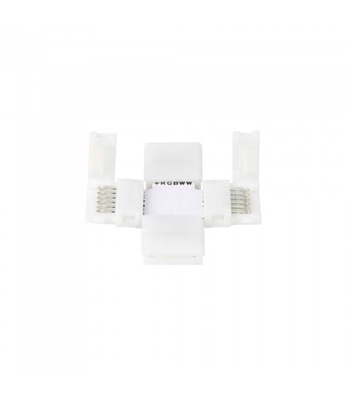 Five-pin RGBWW LED strip connector for seamless corner or split connections, compatible with multi-colour LED strips.