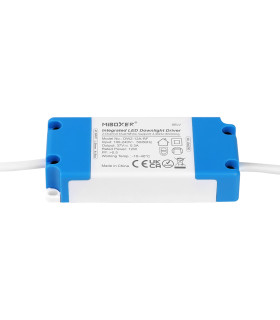 MiBoxer 12W dual white LED downlight driver, showing the blue and white housing with specifications on the label