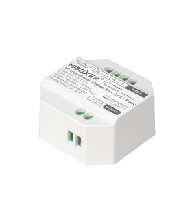 A close-up view of the MiBoxer AC Triac dimmer (Zigbee 3.0 + 2.4G + Push) TRI-C1ZR, highlighting its input/output wiring