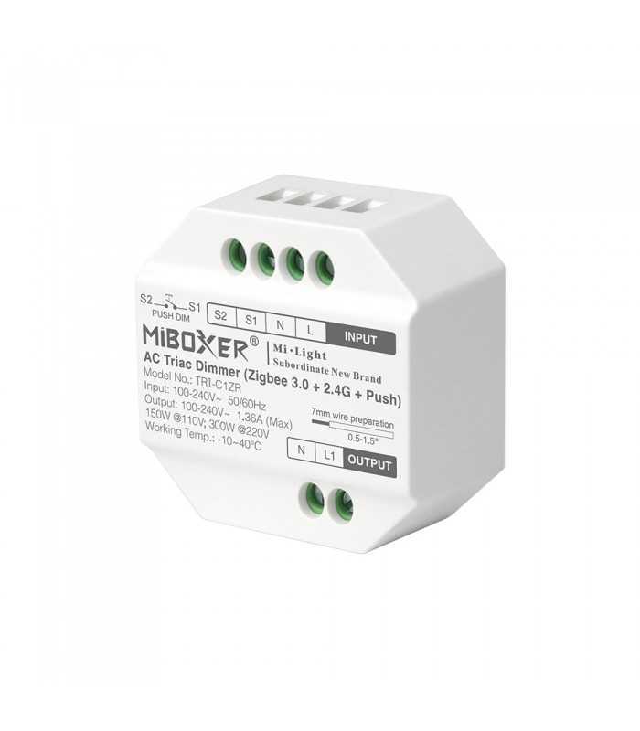 A close-up view of the MiBoxer AC Triac dimmer (Zigbee 3.0 + 2.4G + Push) TRI-C1ZR, highlighting its input/output wiring