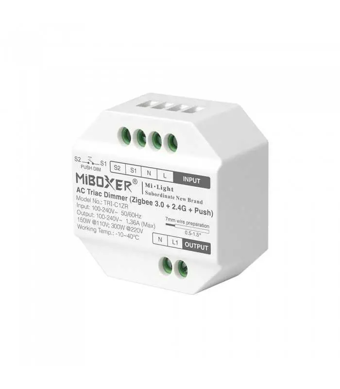 A close-up view of the MiBoxer AC Triac dimmer (Zigbee 3.0 + 2.4G + Push) TRI-C1ZR, highlighting its input/output wiring