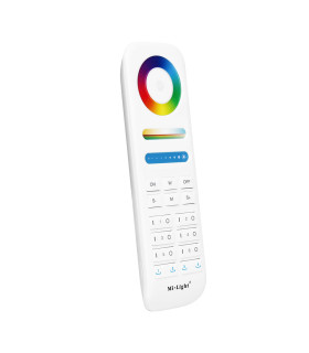 Side view of the 6-zone RGB+CCT remote FUT089S, highlighting its slim and ergonomic design with a colourful control ring