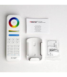 MiBoxer 6-zone RGB+CCT remote FUT089S with its packaging contents, including the wall mount bracket, instruction manual