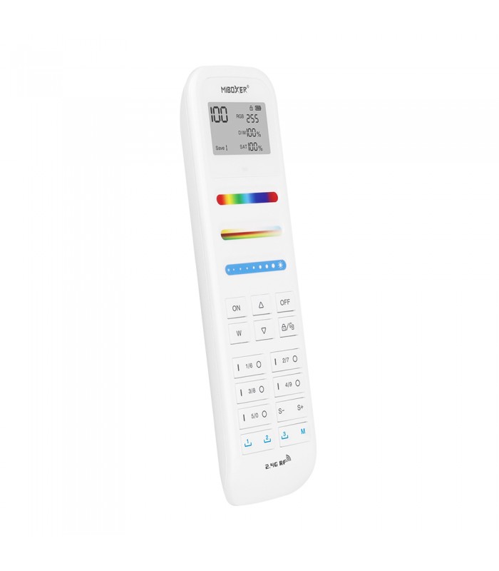 Side view of the MiBoxer 100-zone RGB+CCT remote FUT100, showcasing an LCD display and buttons for controlling lighting zones.