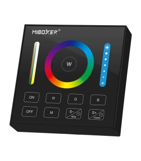 A close-up of the MiBoxer RGB+CCT panel remote, displaying its colour wheel, brightness controls, and mode buttons