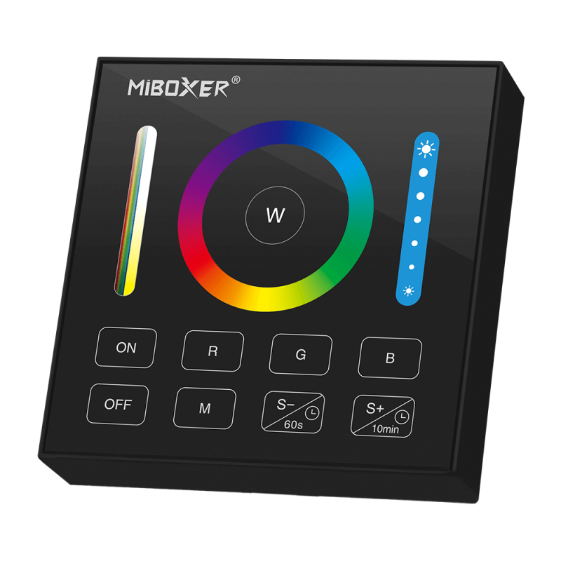 A close-up of the MiBoxer RGB+CCT panel remote, displaying its colour wheel, brightness controls, and mode buttons A close-up of the MiBoxer RGB+CCT panel remote, displaying its colour wheel, brightness controls, and mode buttons