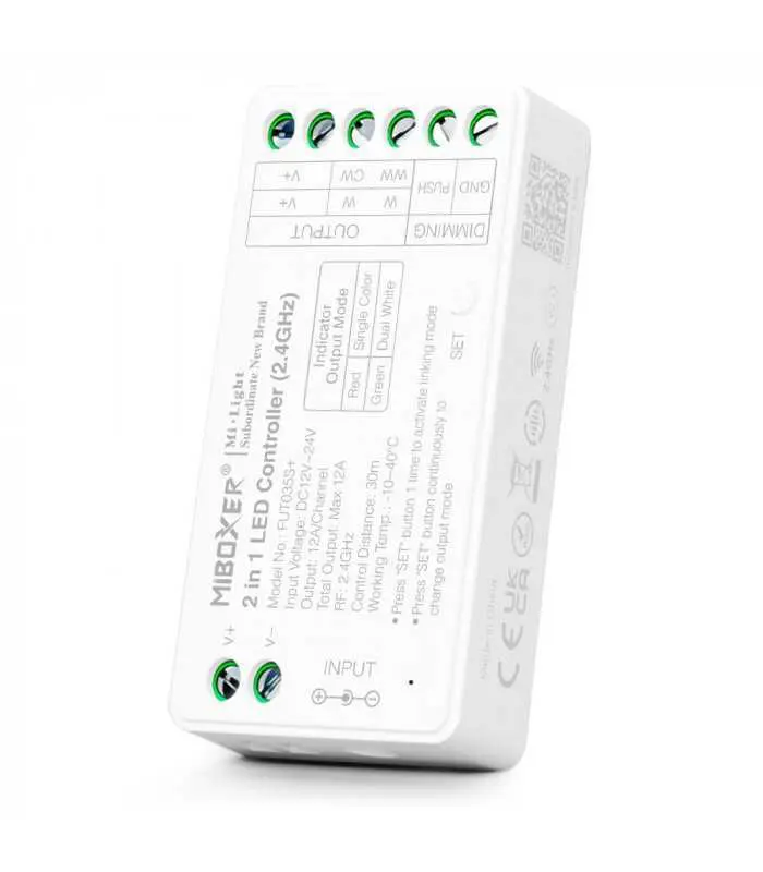 Front view of MiBoxer 2-in-1 LED strip controller with indicator lights and labels.