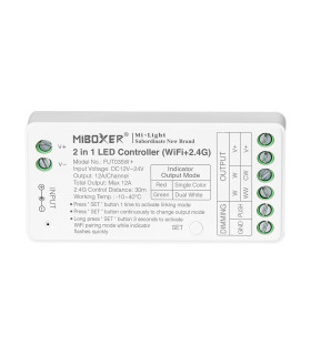 Top view of the MiBoxer 2-in-1 LED controller displaying the specifications and connection details.