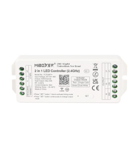 Top view of the MiBoxer 2-in-1 LED controller displaying the specifications and connection details.