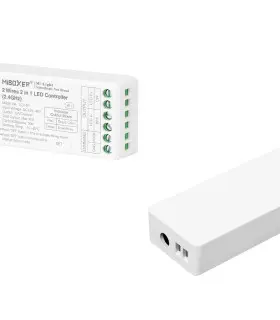 MiBoxer 2-in-1 LED controller with a sleek white design on a blurred background.