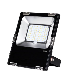 MiBoxer 30W RGB+CCT LED floodlight positioned on a stand, with the light panel visible, perfect for outdoor lighting.