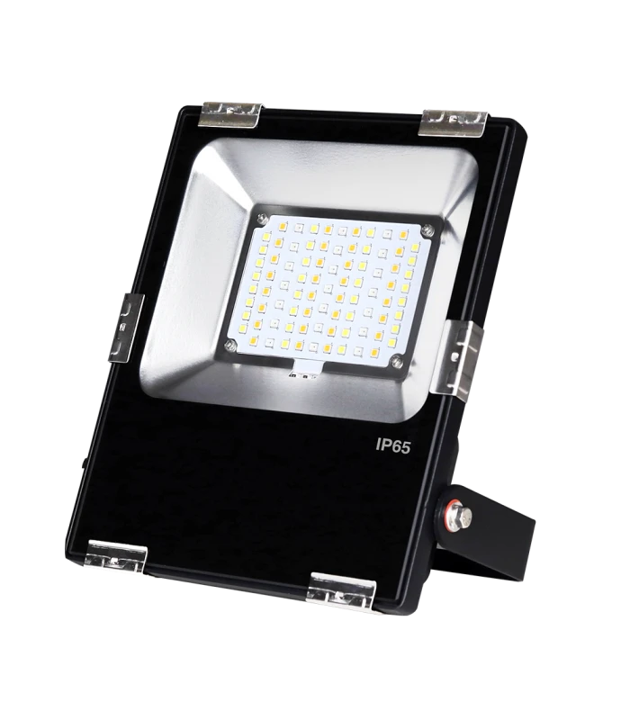 MiBoxer 30W RGB+CCT LED floodlight positioned on a stand, with the light panel visible, perfect for outdoor lighting.