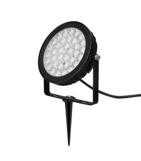 Black RGBCC LED garden light on a stake, designed for outdoor use.