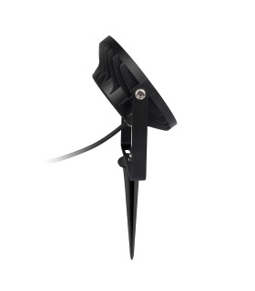 Front view of a black LED garden light mounted on a stake, designed for outdoor lighting.