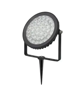 Front view of a black LED garden light mounted on a stake, designed for outdoor lighting.