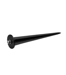 A black garden stake light with a pointed end for easy ground insertion.