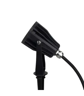 Side view of a garden light mounted on a spike, highlighting the cable attachment.