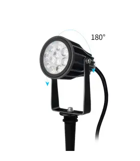 LED garden spotlight positioned on a stake, showcasing its adjustable angle.