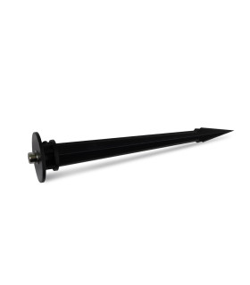 Close-up of a black garden light spike designed for outdoor use.