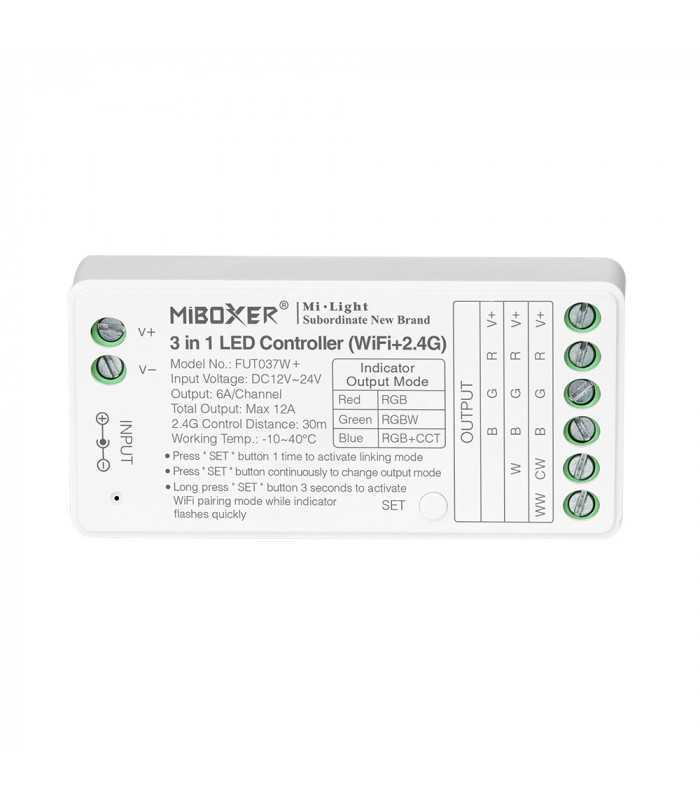 Top view of the MiBoxer 3-in-1 LED controller with specifications and connection points visible.