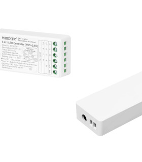 Close-up of the MiBoxer 3-in-1 LED controller, showcasing the input and output ports.