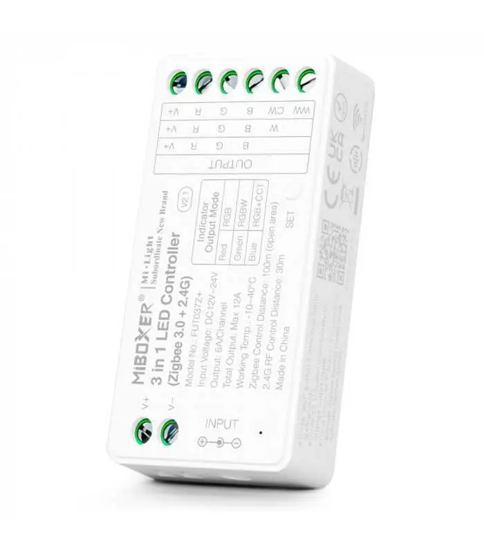 Rear view of the MiBoxer 3-in-1 LED strip controller showcasing its connections and layout.