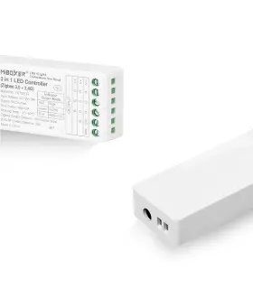 MiBoxer 3-in-1 LED strip controller showing a sleek white design with labels.